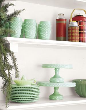Ideas for decorating a beach house - Countryliving.com - Green and Red china on kitchen shelves.jpg